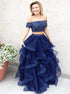 A Line Two Piece Navy Blue Beaded Tulle Ruffles Prom Dress LBQ3278